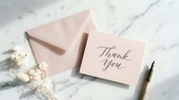 Elegant thank you card with pink envelope on marble surface, calligraphy script, dried flowers and pen, perfect for wedding stationery.