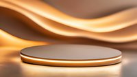 Luxurious golden podium display with soft glowing waves background creates elegant product presentation space for cosmetics, jewelry or premium items.