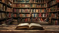 Open book on wooden table against library bookshelves background, perfect for education, literature, knowledge and learning concepts, atmospheric vintage mood study scene.