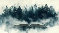 Open book floating against misty pine forest background, pages spread with magical fog effect merging into ethereal forest landscape in moody teal tones.