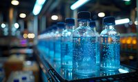 Plastic water bottles on production line with blue illumination and bokeh background. Manufacturing facility showing bottled beverage packaging process.