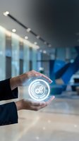 Businessperson holding glowing gear icon in modern office environment, representing technology, innovation, and digital transformation solutions for corporate settings.