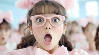 Young Asian girl with surprised expression wearing pink glasses and hair bows, mouth open wide in astonishment against blurred background of other children.