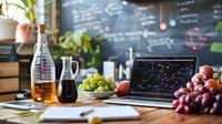 Workspace with laptop showing constellation map, wine bottle, grapes and study materials on wooden table against chalkboard background. Educational astronomy setup.