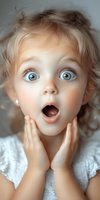 Surprised young child with bright blue eyes and blonde curly hair expressing wonder and amazement, hands on cheeks, wearing white lace dress. For emotional advertising.