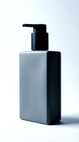 Minimalist gray matte pump dispenser bottle with black top on light background, for cosmetic branding, skincare, lotion or soap packaging design.