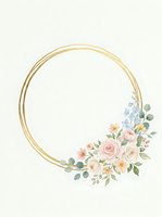 Gold circular frame with delicate floral arrangement featuring pink roses, peach blossoms, and eucalyptus leaves on cream background. Isolated design element for wedding invitations, greeting cards, and social media graphics.