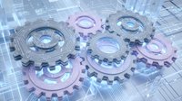 Transparent gears and cogs with digital grid background represent technology, engineering, and industrial automation systems for business solutions.