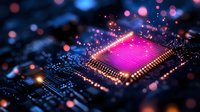 Glowing pink microprocessor on circuit board with bokeh light effects and shallow depth of field, futuristic technology concept for computing and AI advancement.