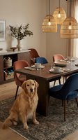 Modern dining room interior with golden retriever dog sitting beside wooden table with colorful chairs and wicker pendant lights for home decor.