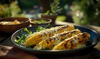 Grilled corn on the cob with herbs on dark plate, outdoor barbecue feast with fresh salads and wooden bowls in garden setting for summer dining.