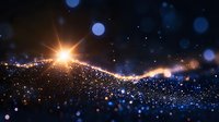 Abstract digital wave of golden glittering particles flowing against dark blue background with bokeh lights and lens flares for luxury design projects.
