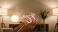 Hands cupping glowing pink energy light in modern living room interior. Concept for healing, wellness, spirituality and mindfulness practices.