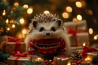 Adorable hedgehog wearing festive red sweater surrounded by Christmas gifts and warm bokeh lights creating magical holiday atmosphere.