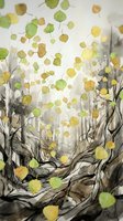 Abstract watercolor tree with floating green and yellow circles creating dreamy forest atmosphere for artistic projects and nature-themed designs.