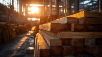 Stacked wooden lumber planks in warehouse at sunset with warm golden light streaming through windows, creating atmospheric industrial scene.