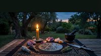 Romantic outdoor dinner setting with candle, flowers and food on wooden table at twilight in garden atmosphere for intimate dining experience.