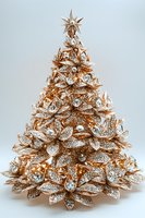 Luxurious rose gold Christmas tree decorated with crystal flowers and rhinestones on white background, elegant holiday decor piece for festive interior design.