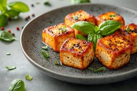 Golden seared tofu cubes with herbs and spices on ceramic plate. Plant-based protein meal with fresh basil garnish for healthy vegetarian cooking.