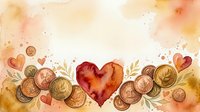 Watercolor heart with coins and leaves on textured background for romantic finance themes, wedding invitations, love money concepts, Valentine's Day designs.