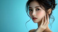 Young Asian woman with natural makeup and updo hairstyle touching face gently against turquoise background, soft beauty portrait showing glowing skin and delicate features.
