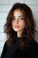 Young Hispanic woman with wavy brown hair and natural makeup wearing black sweater against white wall background, looking directly at camera with confident expression.