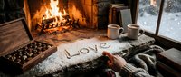 Cozy winter scene with love written in powdered sugar on stone, fireplace, hot cocoa, chocolates, and snowy window creating a warm romantic atmosphere.