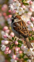 House sparrow perched on blooming apple tree branch with pink and white flowers in spring garden setting for nature photography and seasonal content.