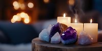 Purple and blue amethyst crystals with white candles on wooden surface creating peaceful meditation and healing energy atmosphere with warm bokeh lights.