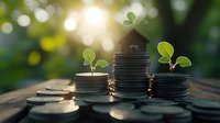 Growing money stacks with green sprouts and leaves in sunlight, symbolizing sustainable financial growth, investment returns, and eco-friendly business development.