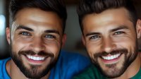 Two young Hispanic men with beards and trendy hairstyles smiling with bright white teeth, wearing blue casual shirts, close-up portrait against dark background.