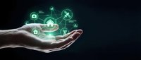 Open palm hand holding glowing green network of connected smart home icons including house, lock, lightbulb, and settings symbols on dark background for technology and automation concepts.