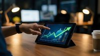 Businessman analyzing financial growth chart on tablet with upward trending arrow graph displayed on screen in modern office environment.