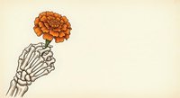 Skeleton hand holding vibrant orange marigold flower against cream background. Isolated botanical illustration for design, print, and creative projects.