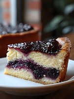 Slice of layered blueberry cheesecake on white plate showing rich purple filling, creamy vanilla center, and golden crust topped with fresh berry compote. Food photography.