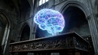 Glowing neon brain floating above ornate railing inside gothic cathedral with arched ceilings, representing artificial intelligence, neuroscience, and innovation in historic architecture.
