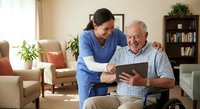 Female healthcare worker assisting elderly Caucasian man with tablet in bright living room. Home care nursing support for senior patient technology learning.