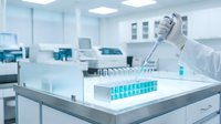 Scientist hand holding pipette over test tubes with blue liquid samples in modern laboratory for medical research and pharmaceutical development.