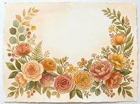 Watercolor floral frame with roses, peonies, and greenery in warm autumn tones, perfect for wedding invitations and greeting cards.