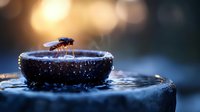 With water drops and golden bokeh background in moody blue tones, nature photography with shallow depth of field.