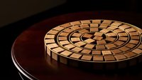 Wooden circular puzzle with interlocking pieces arranged in spiral pattern on dark surface creating geometric brain teaser for problem solving activities.