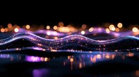 Abstract glowing wave with purple and blue light trails floating over reflective surface against dark background with bokeh lights and sparkles.