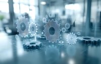 Digital gears and cogs floating in modern office space, representing business automation, workflow optimization and technological innovation process.