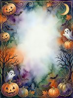 Halloween watercolor frame with pumpkins, ghosts, bats and autumn leaves on white background for party invitations and seasonal decorations.
