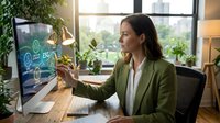 Professional businesswoman in green blazer working with ESG sustainability data on computer screen in modern office with plants.