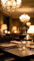 Elegant red wine glass on restaurant table with warm bokeh chandelier lights creating luxurious fine dining atmosphere for romantic evening or special occasion.