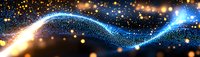 Glowing wave of digital particles with golden bokeh lights flowing on dark background creates futuristic technology visualization effect.