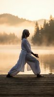 Mature woman practicing tai chi on wooden dock at sunrise with misty lake and forest background for wellness and mindfulness concepts.