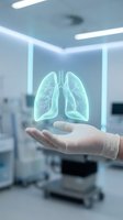 Doctor hand holding holographic lungs projection in modern medical facility for respiratory health diagnosis and treatment planning.