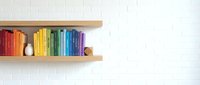 Colorful books arranged by rainbow spectrum on wooden shelf against white brick wall creating organized library display for home decor and education.